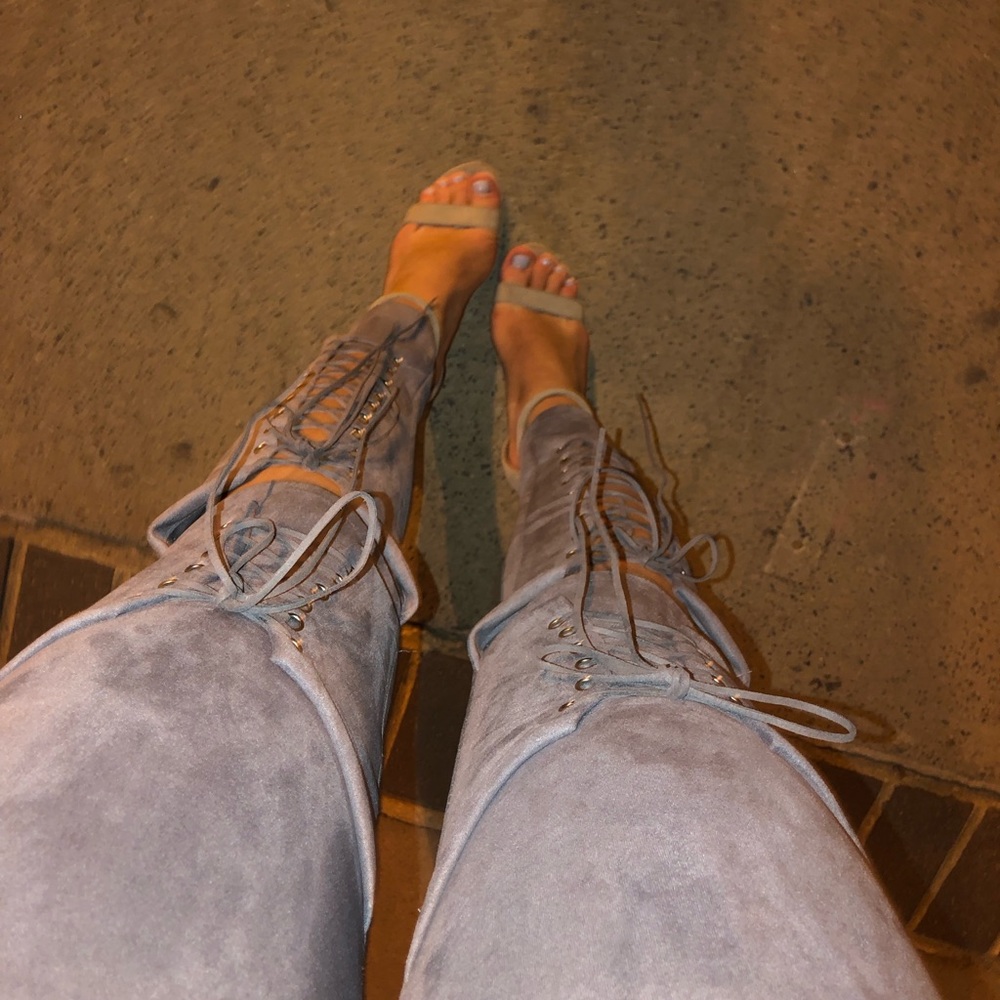Gray Women Lace Up Faux Suede pencil pants